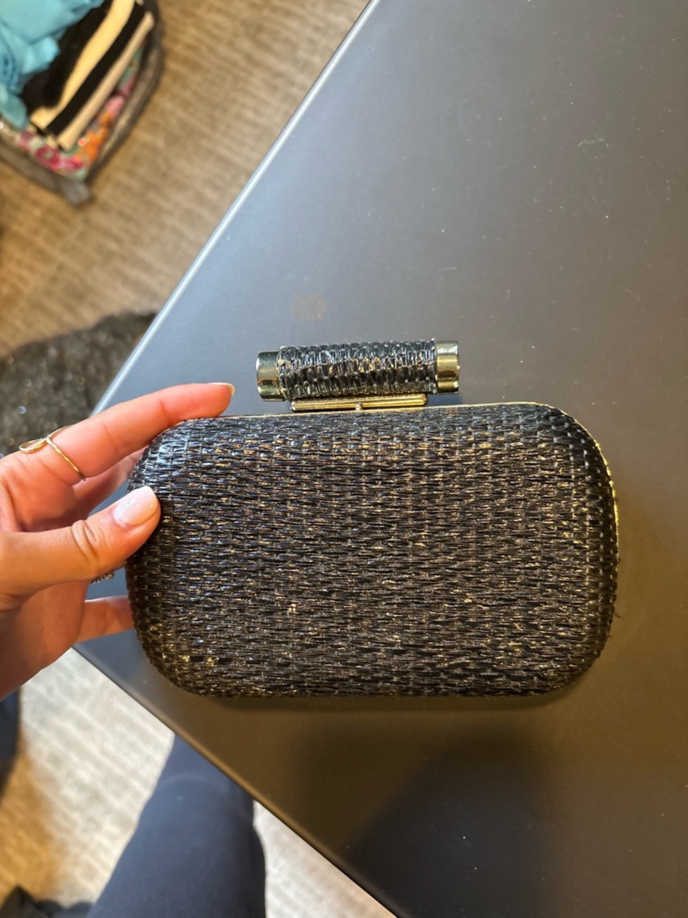 Woven Black Evening Clutch with Metallic Accents